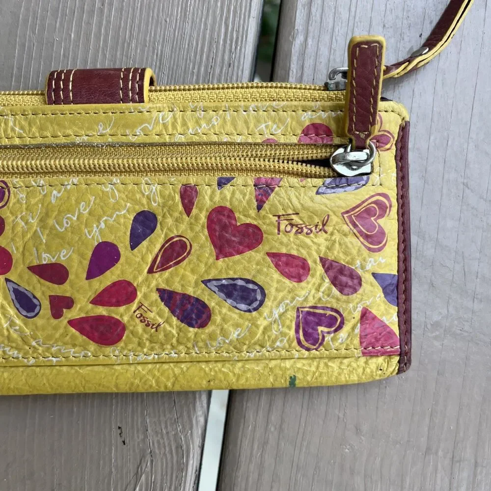 FOSSIL Vintage Women's Floral Leather Wristlet Clutch Wallet Yellow Zippered